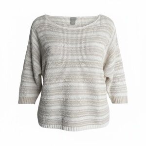 Chicos Dolman 3/4 Sleeve Pullover Sweater Cotton Linen White Beige Stripe Size 3